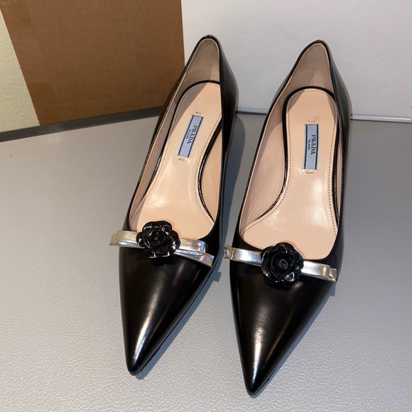 Prada Shoes - Prada Pointed Toe Kitten Heels With Flower & Silver Bow, Black, Size 7.5